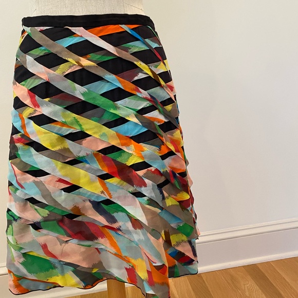 Cori 100% Silk Skirt Black with Bright Woven Silk Strips W Ruffle - Picture 2 of 16